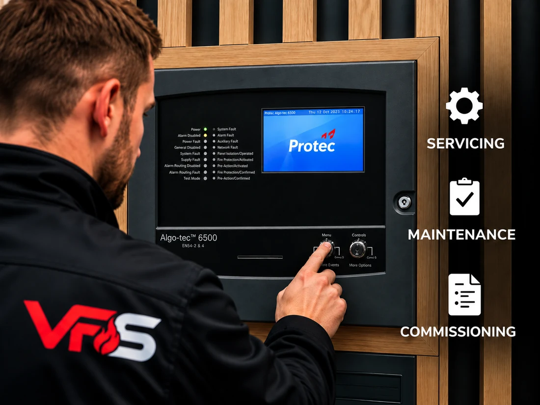 VFS engineer operating a Protec fire alarm panel