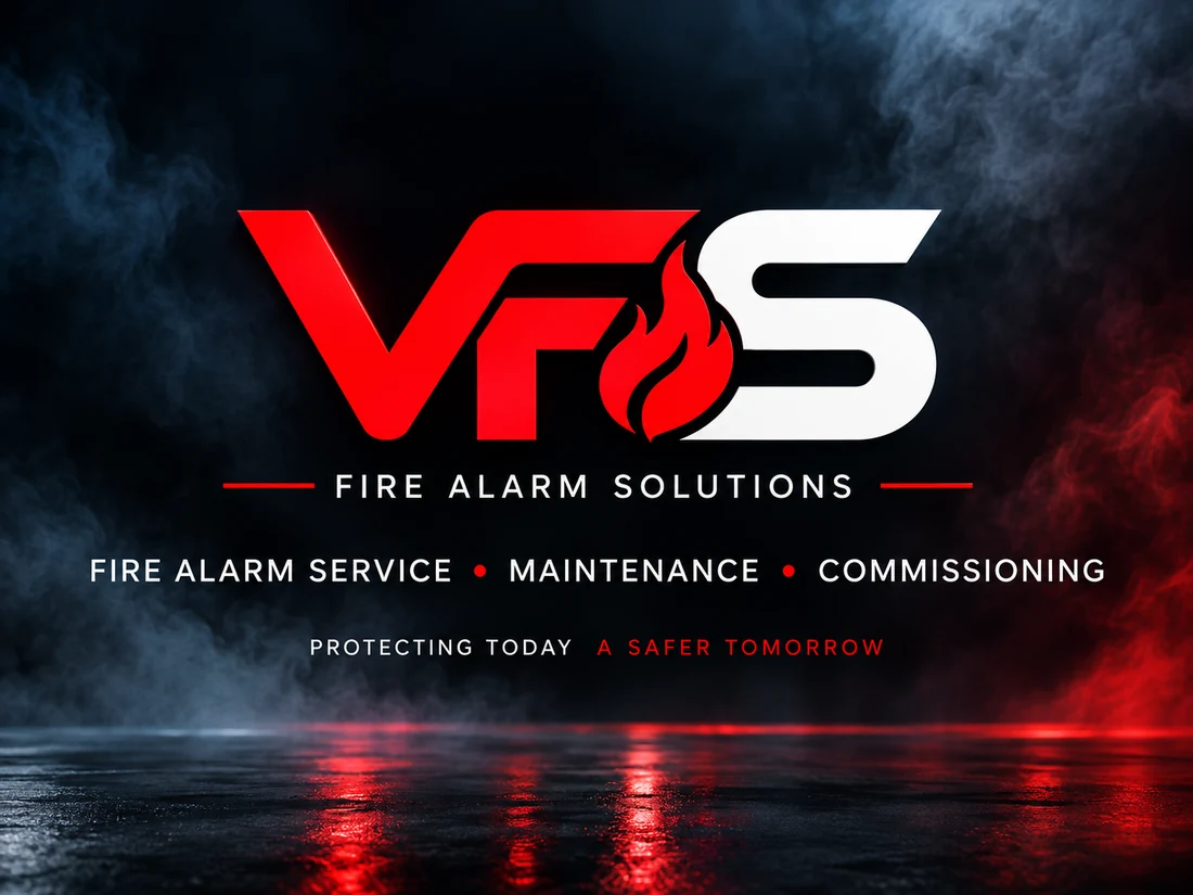 VFS Fire Alarm Solutions logo in red and white against a dark atmospheric background